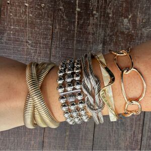 Elegant Gold and Silver Tone Layering Bangles and Bracelets Set Bundle of 5